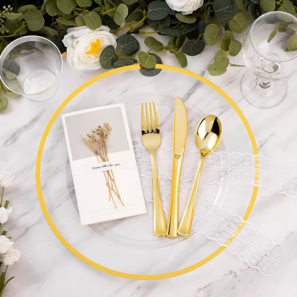 Goodluck 12-Inch Charger Plates, 50 Pack White Charger Plates with Gold Trim, Gold Chargers for Dinner Plates, Plastic Charger Plates Bulk for Dinner, Wedding, Party, Event Table Decoration