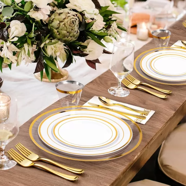 Goodluck 12-Inch Charger Plates, 50 Pack White Charger Plates with Gold Trim, Gold Chargers for Dinner Plates, Plastic Charger Plates Bulk for Dinner, Wedding, Party, Event Table Decoration