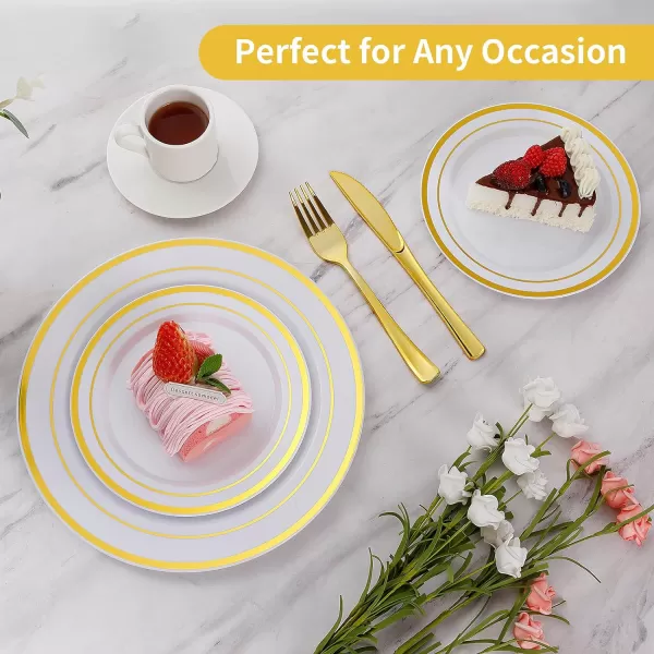 Goodluck 120PCS Gold Plastic Plates, Heavy Duty Disposable Gold Plates with 60 10.25 inch Dinner Plates and 60 7.5 inch Dessert Plates, Disposable Plates for Party, Holiday, Wedding