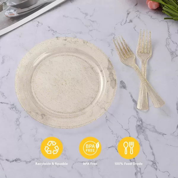 Goodluck 120PCS Plastic Dessert Plates 6.3" with 120 Plastic Forks 5.7", Gold Glitter Disposable Plates for 120 Guests, Heavy Duty Plastic Plates for Party, Appetizer Plates for Wedding