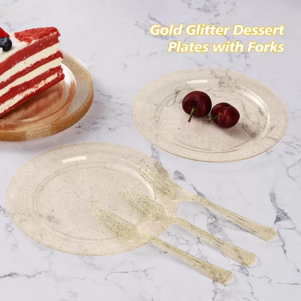 Goodluck 120PCS Plastic Dessert Plates 6.3" with 120 Plastic Forks 5.7", Gold Glitter Disposable Plates for 120 Guests, Heavy Duty Plastic Plates for Party, Appetizer Plates for Wedding