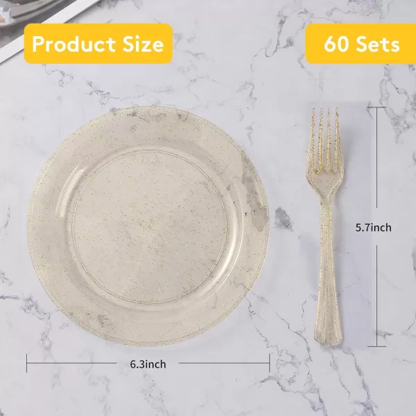 Goodluck 120PCS Plastic Dessert Plates 6.3" with 120 Plastic Forks 5.7", Gold Glitter Disposable Plates for 120 Guests, Heavy Duty Plastic Plates for Party, Appetizer Plates for Wedding