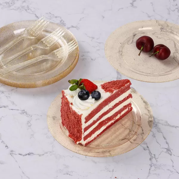 Goodluck 120PCS Plastic Dessert Plates 6.3" with 120 Plastic Forks 5.7", Gold Glitter Disposable Plates for 120 Guests, Heavy Duty Plastic Plates for Party, Appetizer Plates for Wedding