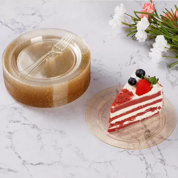 Goodluck 120PCS Plastic Dessert Plates 6.3" with 120 Plastic Forks 5.7", Gold Glitter Disposable Plates for 120 Guests, Heavy Duty Plastic Plates for Party, Appetizer Plates for Wedding