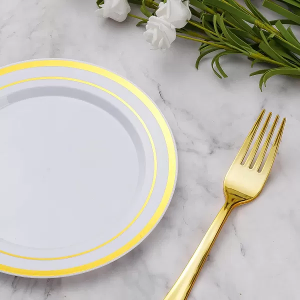 Goodluck 240PCS Gold Glitter Plates with Plastic Forks, Gold Dessert Plates for 120 Guests, Heavy Duty Disposable Plates for Party, Including 120 7" Plastic Plates and 120 7.4" Plastic Forks
