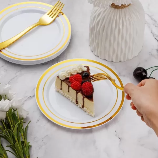 Goodluck 240PCS Gold Glitter Plates with Plastic Forks, Gold Dessert Plates for 120 Guests, Heavy Duty Disposable Plates for Party, Including 120 7" Plastic Plates and 120 7.4" Plastic Forks