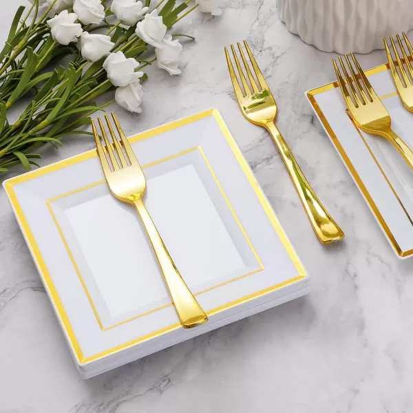 Goodluck 240PCS Gold Glitter Plates with Plastic Forks, Gold Dessert Plates for 120 Guests, Heavy Duty Disposable Plates for Party, Including 120 7" Plastic Plates and 120 7.4" Plastic Forks