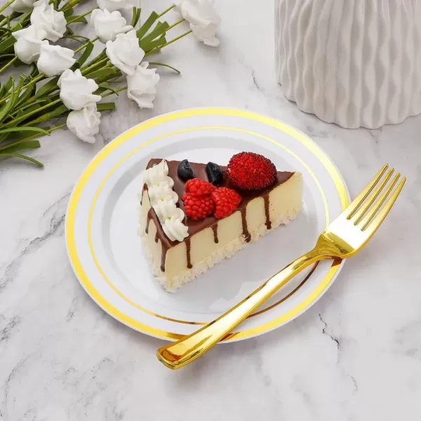 Goodluck 240PCS Gold Glitter Plates with Plastic Forks, Gold Dessert Plates for 120 Guests, Heavy Duty Disposable Plates for Party, Including 120 7" Plastic Plates and 120 7.4" Plastic Forks