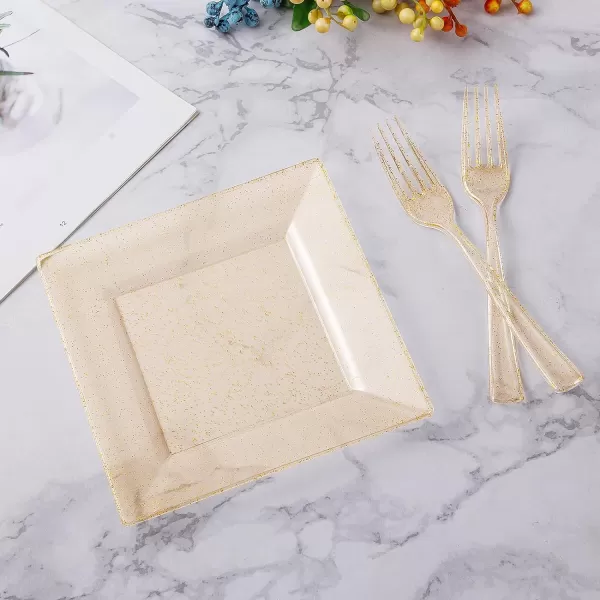 Goodluck 240PCS Gold Glitter Plates with Plastic Forks, Gold Dessert Plates for 120 Guests, Heavy Duty Disposable Plates for Party, Including 120 7" Plastic Plates and 120 7.4" Plastic Forks