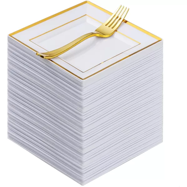 Goodluck 240PCS Gold Glitter Plates with Plastic Forks, Gold Dessert Plates for 120 Guests, Heavy Duty Disposable Plates for Party, Including 120 7" Plastic Plates and 120 7.4" Plastic Forks