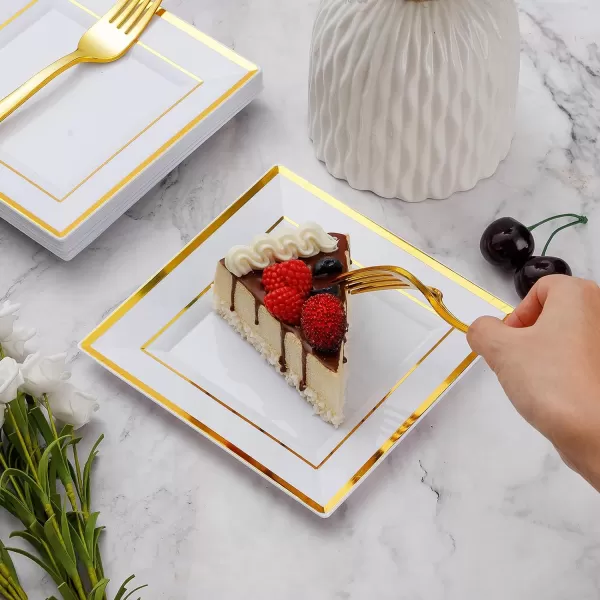 Goodluck 240PCS Gold Glitter Plates with Plastic Forks, Gold Dessert Plates for 120 Guests, Heavy Duty Disposable Plates for Party, Including 120 7" Plastic Plates and 120 7.4" Plastic Forks