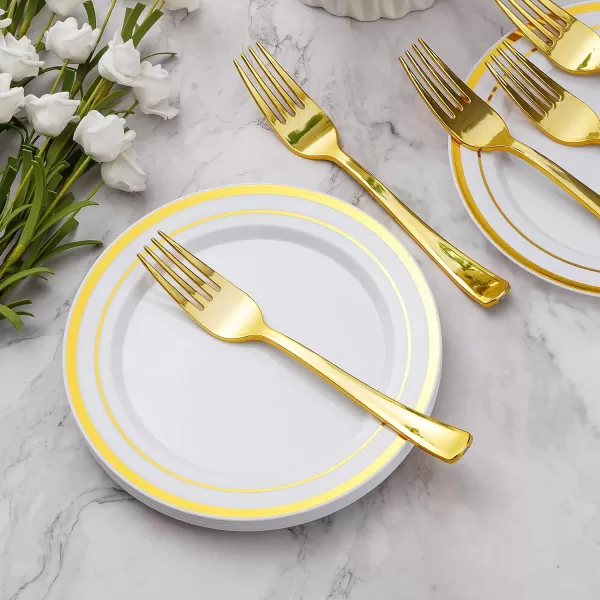 Goodluck 240PCS Gold Glitter Plates with Plastic Forks, Gold Dessert Plates for 120 Guests, Heavy Duty Disposable Plates for Party, Including 120 7" Plastic Plates and 120 7.4" Plastic Forks