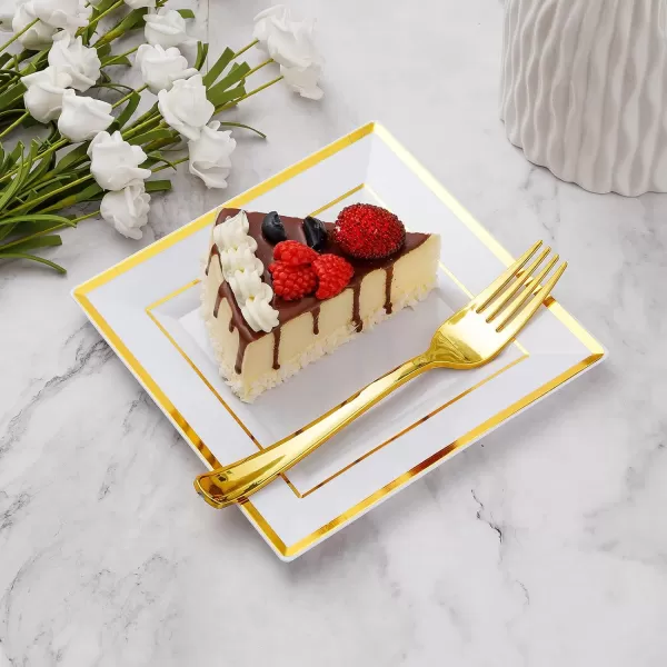 Goodluck 240PCS Gold Glitter Plates with Plastic Forks, Gold Dessert Plates for 120 Guests, Heavy Duty Disposable Plates for Party, Including 120 7" Plastic Plates and 120 7.4" Plastic Forks