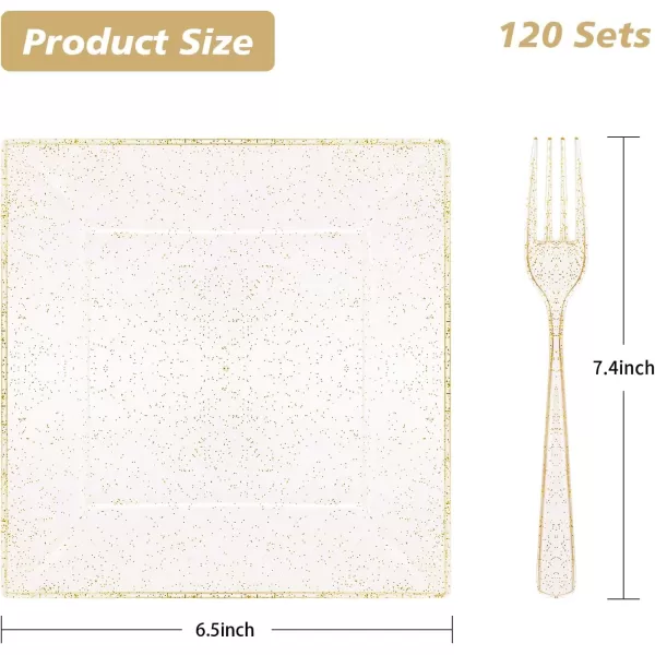 Goodluck 240PCS Gold Glitter Plates with Plastic Forks, Gold Dessert Plates for 120 Guests, Heavy Duty Disposable Plates for Party, Including 120 7" Plastic Plates and 120 7.4" Plastic Forks