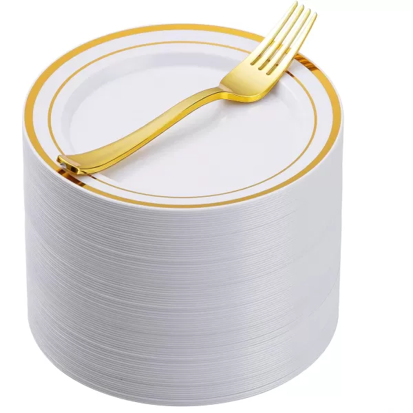 Goodluck 240PCS Gold Glitter Plates with Plastic Forks, Gold Dessert Plates for 120 Guests, Heavy Duty Disposable Plates for Party, Including 120 7" Plastic Plates and 120 7.4" Plastic Forks