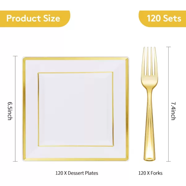 Goodluck 240PCS Gold Glitter Plates with Plastic Forks, Gold Dessert Plates for 120 Guests, Heavy Duty Disposable Plates for Party, Including 120 7" Plastic Plates and 120 7.4" Plastic Forks