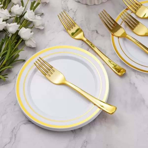 Goodluck 240PCS Gold Glitter Plates with Plastic Forks, Gold Dessert Plates for 120 Guests, Heavy Duty Disposable Plates for Party, Including 120 7" Plastic Plates and 120 7.4" Plastic Forks