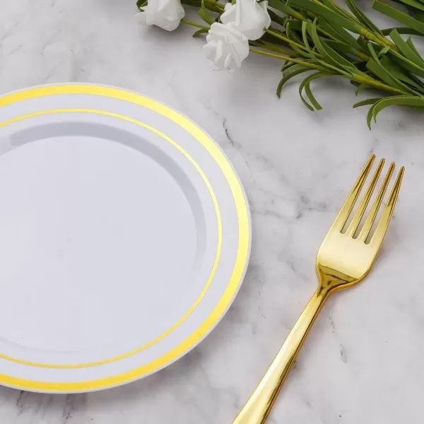 Goodluck 240PCS Gold Glitter Plates with Plastic Forks, Gold Dessert Plates for 120 Guests, Heavy Duty Disposable Plates for Party, Including 120 7" Plastic Plates and 120 7.4" Plastic Forks
