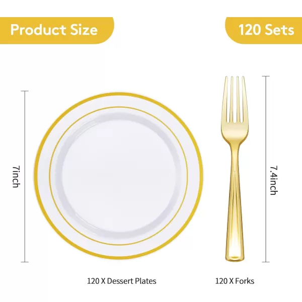 Goodluck 240PCS Gold Glitter Plates with Plastic Forks, Gold Dessert Plates for 120 Guests, Heavy Duty Disposable Plates for Party, Including 120 7" Plastic Plates and 120 7.4" Plastic Forks