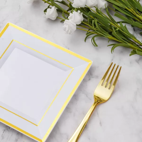 Goodluck 240PCS Gold Glitter Plates with Plastic Forks, Gold Dessert Plates for 120 Guests, Heavy Duty Disposable Plates for Party, Including 120 7" Plastic Plates and 120 7.4" Plastic Forks
