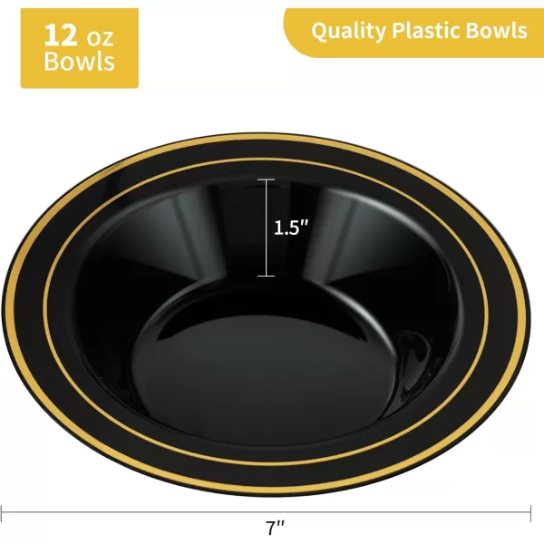 Goodluck 25 Pack Plastic Bowls with Silver Rim, 12oz Disposable Soup Bowls, Heavy Duty Dessert Bowls for Weddings, Parties, Dinners, Catering, and Everyday Use