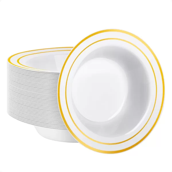 Goodluck 25 Pack Plastic Bowls with Silver Rim, 12oz Disposable Soup Bowls, Heavy Duty Dessert Bowls for Weddings, Parties, Dinners, Catering, and Everyday Use