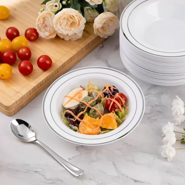 Goodluck 25 Pack Plastic Bowls with Silver Rim, 12oz Disposable Soup Bowls, Heavy Duty Dessert Bowls for Weddings, Parties, Dinners, Catering, and Everyday Use