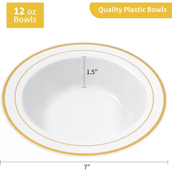 Goodluck 25 Pack Plastic Bowls with Silver Rim, 12oz Disposable Soup Bowls, Heavy Duty Dessert Bowls for Weddings, Parties, Dinners, Catering, and Everyday Use