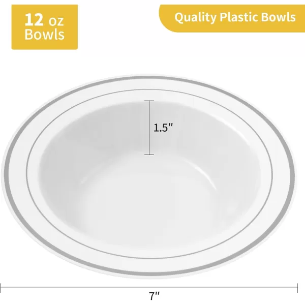 Goodluck 25 Pack Plastic Bowls with Silver Rim, 12oz Disposable Soup Bowls, Heavy Duty Dessert Bowls for Weddings, Parties, Dinners, Catering, and Everyday Use