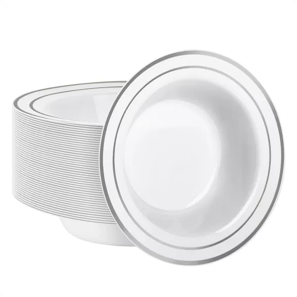 Goodluck 25 Pack Plastic Bowls with Silver Rim, 12oz Disposable Soup Bowls, Heavy Duty Dessert Bowls for Weddings, Parties, Dinners, Catering, and Everyday Use