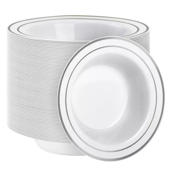 Goodluck 25 Pack Plastic Bowls with Silver Rim, 12oz Disposable Soup Bowls, Heavy Duty Dessert Bowls for Weddings, Parties, Dinners, Catering, and Everyday Use