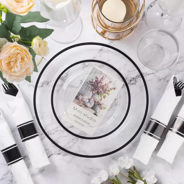 Goodluck 350 Piece Dark Blue Plastic Dinnerware Set for Party, Clear Disposable Plates for 50 Guests, Include: 50 Dinner Plates, 50 Dessert Plates, 50 Pre Rolled Napkins with Cutlery Set, 50 Cups
