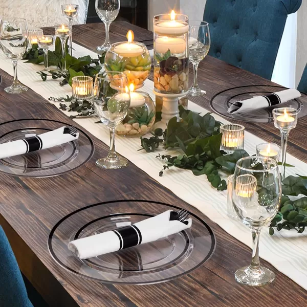 Goodluck 350 Piece Dark Blue Plastic Dinnerware Set for Party, Clear Disposable Plates for 50 Guests, Include: 50 Dinner Plates, 50 Dessert Plates, 50 Pre Rolled Napkins with Cutlery Set, 50 Cups