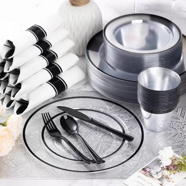 Goodluck 350 Piece Dark Blue Plastic Dinnerware Set for Party, Clear Disposable Plates for 50 Guests, Include: 50 Dinner Plates, 50 Dessert Plates, 50 Pre Rolled Napkins with Cutlery Set, 50 Cups