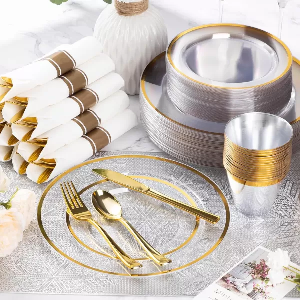 Goodluck 350 Piece Dark Blue Plastic Dinnerware Set for Party, Clear Disposable Plates for 50 Guests, Include: 50 Dinner Plates, 50 Dessert Plates, 50 Pre Rolled Napkins with Cutlery Set, 50 Cups