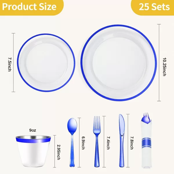 Goodluck 350 Piece Dark Blue Plastic Dinnerware Set for Party, Clear Disposable Plates for 50 Guests, Include: 50 Dinner Plates, 50 Dessert Plates, 50 Pre Rolled Napkins with Cutlery Set, 50 Cups