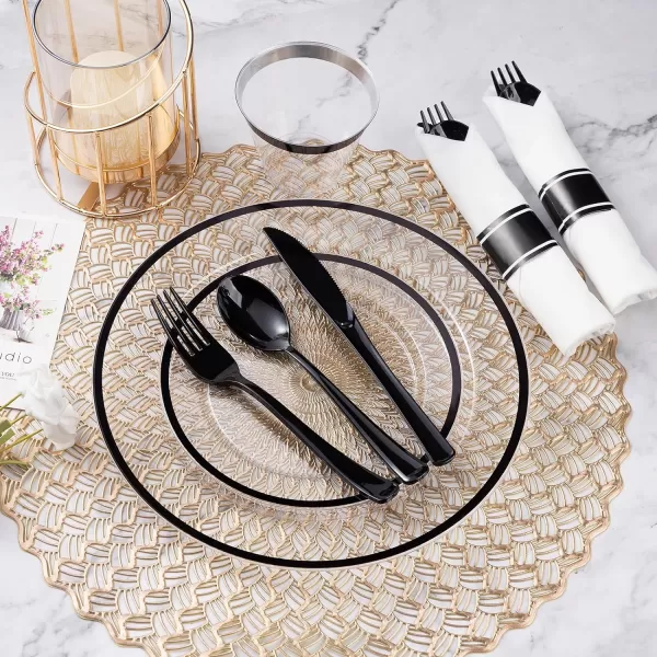 Goodluck 350 Piece Dark Blue Plastic Dinnerware Set for Party, Clear Disposable Plates for 50 Guests, Include: 50 Dinner Plates, 50 Dessert Plates, 50 Pre Rolled Napkins with Cutlery Set, 50 Cups