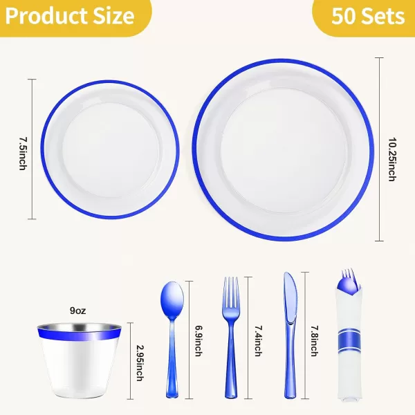 Goodluck 350 Piece Dark Blue Plastic Dinnerware Set for Party, Clear Disposable Plates for 50 Guests, Include: 50 Dinner Plates, 50 Dessert Plates, 50 Pre Rolled Napkins with Cutlery Set, 50 Cups