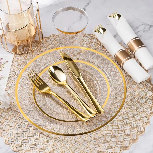 Goodluck 350 Piece Dark Blue Plastic Dinnerware Set for Party, Clear Disposable Plates for 50 Guests, Include: 50 Dinner Plates, 50 Dessert Plates, 50 Pre Rolled Napkins with Cutlery Set, 50 Cups