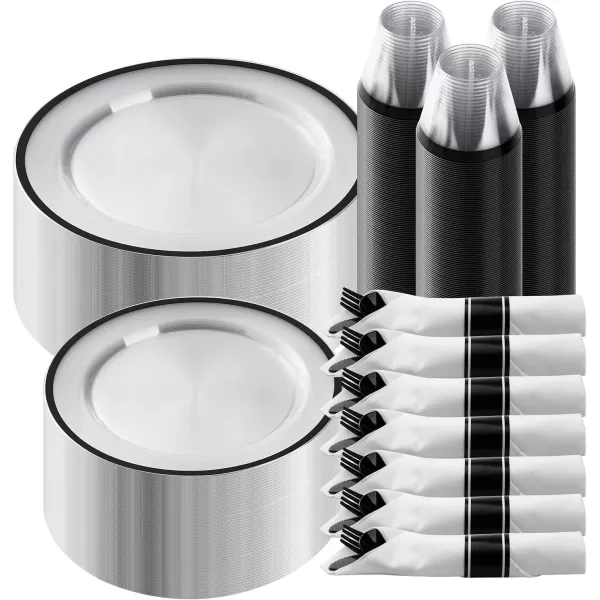 Goodluck 350 Piece Dark Blue Plastic Dinnerware Set for Party, Clear Disposable Plates for 50 Guests, Include: 50 Dinner Plates, 50 Dessert Plates, 50 Pre Rolled Napkins with Cutlery Set, 50 Cups