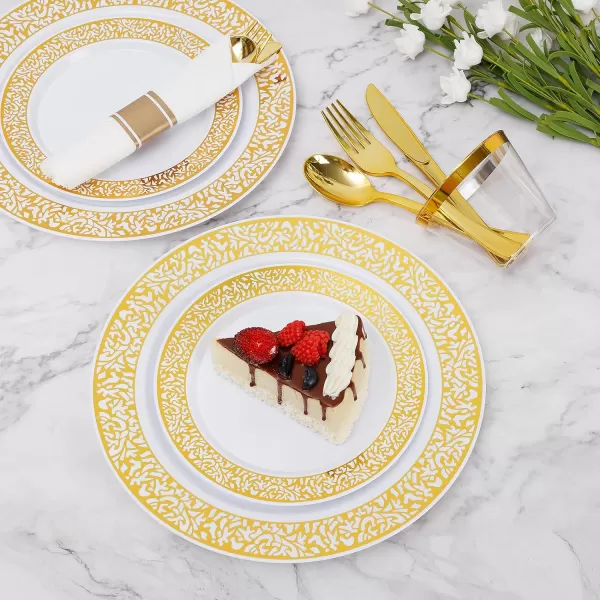 Goodluck 350 Piece Gold Plastic Dinnerware Set for 50 Guests, Disposable Lace Plates for Party, Include: 50 Gold Plates, 50 Dessert Plates Disposable, 50 Pre Napkins with Silverware, 50 Cups