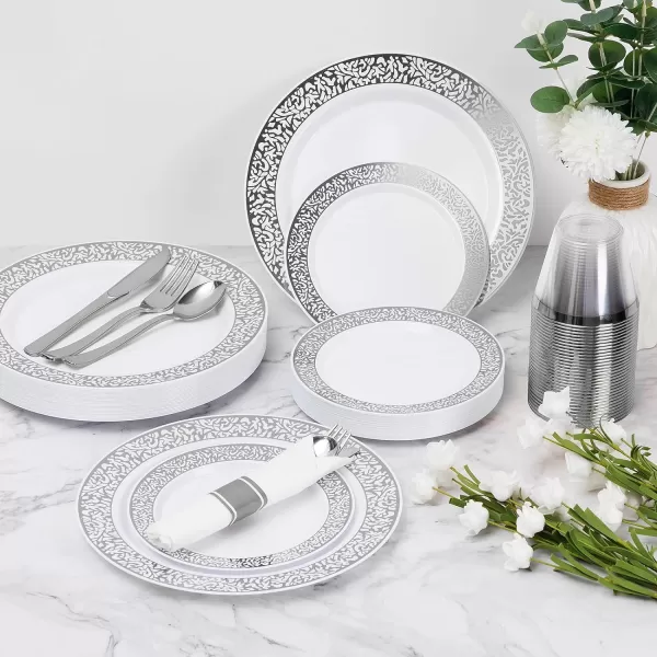 Goodluck 350 Piece Gold Plastic Dinnerware Set for 50 Guests, Disposable Lace Plates for Party, Include: 50 Gold Plates, 50 Dessert Plates Disposable, 50 Pre Napkins with Silverware, 50 Cups