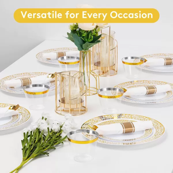 Goodluck 350 Piece Gold Plastic Dinnerware Set for 50 Guests, Disposable Lace Plates for Party, Include: 50 Gold Plates, 50 Dessert Plates Disposable, 50 Pre Napkins with Silverware, 50 Cups