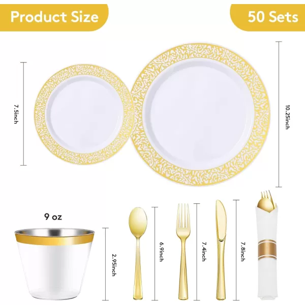 Goodluck 350 Piece Gold Plastic Dinnerware Set for 50 Guests, Disposable Lace Plates for Party, Include: 50 Gold Plates, 50 Dessert Plates Disposable, 50 Pre Napkins with Silverware, 50 Cups