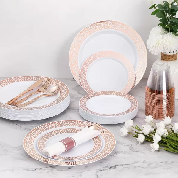 Goodluck 350 Piece Gold Plastic Dinnerware Set for 50 Guests, Disposable Lace Plates for Party, Include: 50 Gold Plates, 50 Dessert Plates Disposable, 50 Pre Napkins with Silverware, 50 Cups