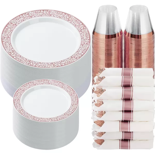 Goodluck 350 Piece Gold Plastic Dinnerware Set for 50 Guests, Disposable Lace Plates for Party, Include: 50 Gold Plates, 50 Dessert Plates Disposable, 50 Pre Napkins with Silverware, 50 Cups