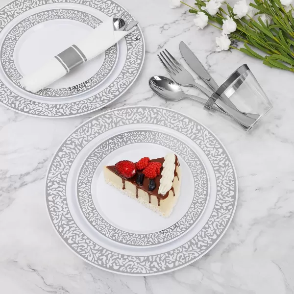 Goodluck 350 Piece Gold Plastic Dinnerware Set for 50 Guests, Disposable Lace Plates for Party, Include: 50 Gold Plates, 50 Dessert Plates Disposable, 50 Pre Napkins with Silverware, 50 Cups