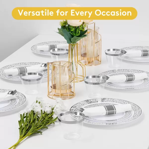 Goodluck 350 Piece Gold Plastic Dinnerware Set for 50 Guests, Disposable Lace Plates for Party, Include: 50 Gold Plates, 50 Dessert Plates Disposable, 50 Pre Napkins with Silverware, 50 Cups