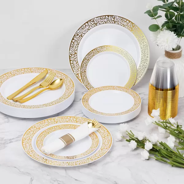 Goodluck 350 Piece Gold Plastic Dinnerware Set for 50 Guests, Disposable Lace Plates for Party, Include: 50 Gold Plates, 50 Dessert Plates Disposable, 50 Pre Napkins with Silverware, 50 Cups