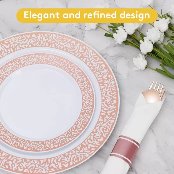 Goodluck 350 Piece Gold Plastic Dinnerware Set for 50 Guests, Disposable Lace Plates for Party, Include: 50 Gold Plates, 50 Dessert Plates Disposable, 50 Pre Napkins with Silverware, 50 Cups
